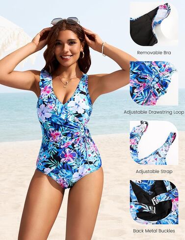 Kate Kasin Women's One Piece Swimsuit Tummy Control Ruched Slimming Cute Bathing Suit Ruffle V Neck Swimwear Adjustable Strap in Saudi Arabia
