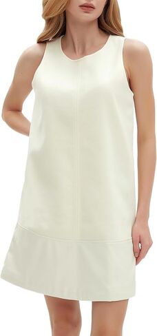Ladyful Women's Faux Leather Mini Dress Tunic Sleeveless Woolen Shift Dress Crewneck Back Zipper Tank Dress in Kuwait