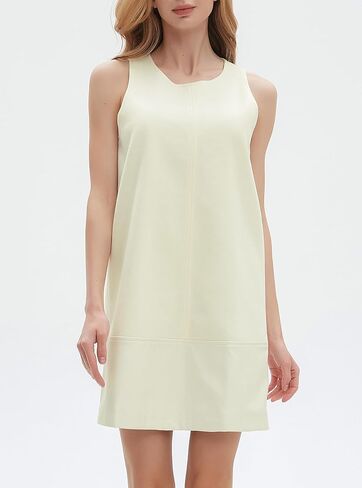 Ladyful Women's Faux Leather Mini Dress Tunic Sleeveless Woolen Shift Dress Crewneck Back Zipper Tank Dress in Kuwait