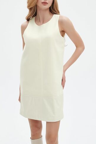 Ladyful Women's Faux Leather Mini Dress Tunic Sleeveless Woolen Shift Dress Crewneck Back Zipper Tank Dress in Kuwait