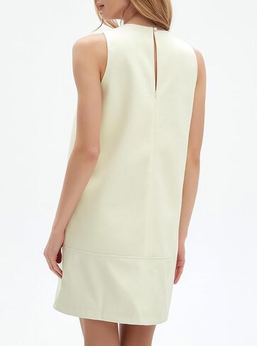 Ladyful Women's Faux Leather Mini Dress Tunic Sleeveless Woolen Shift Dress Crewneck Back Zipper Tank Dress in Kuwait