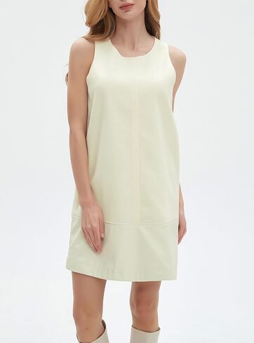 Ladyful Women's Faux Leather Mini Dress Tunic Sleeveless Woolen Shift Dress Crewneck Back Zipper Tank Dress in Kuwait