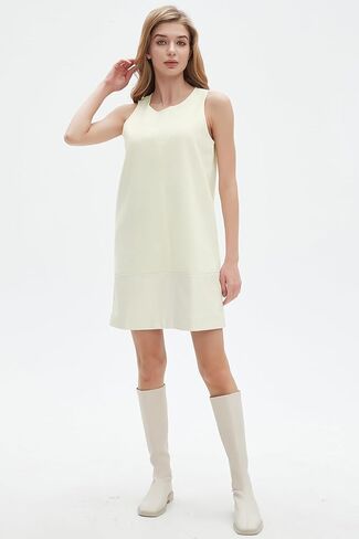 Ladyful Women's Faux Leather Mini Dress Tunic Sleeveless Woolen Shift Dress Crewneck Back Zipper Tank Dress in Kuwait
