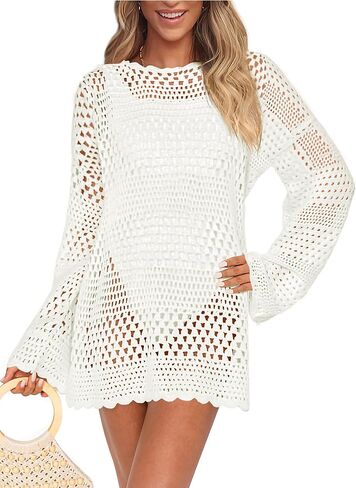 PRETTYGARDEN Women's Swimsuit Cover Up Long Sleeve Knit Crochet Bathing Suit Swimwear Beach Dress Summer Vacation Outfits in Saudi Arabia