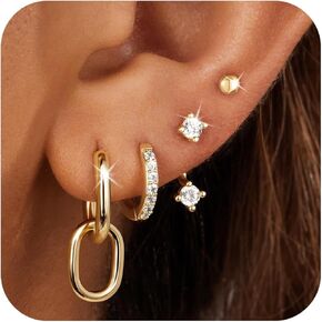 4 Pairs Gold Stud Hoop Earrings Set for Women, Trendy Dangle Jacket Huggie Earring Stacks for Multiple Piercing, Hypoallergenic Dainty Cute Jewelry Gifts
