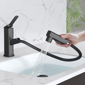 MIAOHUI Pull Out Single Hole Bathroom Faucet, 3 Spray Mode Single Handle Bathroom Faucets for Sink 1 Hole, Bathroom Sink Faucet with Pull Down Sprayer, Vanity Faucet with Fountain Mode, Matte Black
