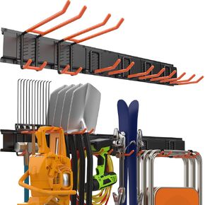 Garage Storage Organization Wall Mount, Garden Tool Organizer 48 Inches, Adjustable Heavy Duty Metal Hooks, Yard Tool Organizer Hold Up to 450lbs, Hanging Rake Broom Mop Snowboard (48 inch)