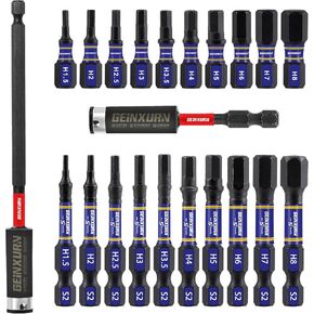 22 Pieces Multi Hex Head Impact Tough Magnetic Allen Wrench Drill Bits Set, 1 In./2 In. Mixed Hex Head (Metric&SAE) S2 Steel Power Bits Set with Bit Extension Holder