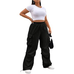 OYOANGLE Women's Plus Size Elastic Waist Cargo Pants Flap Pocket Ruched Parachute Pants Y2k Jogger Sweatpants