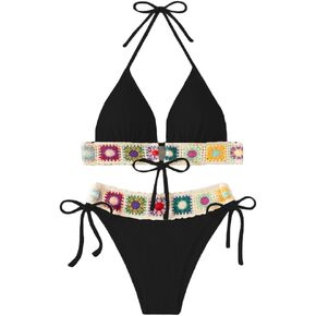 Women's Floral Embroidery Halter Padded Bikini Set Cut Out Boho Bathing Suit Swimsuit