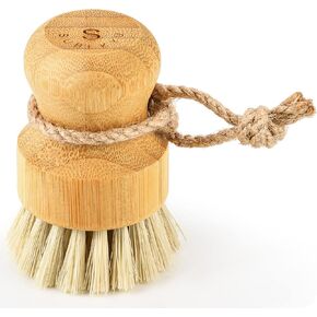 SUBEKYU Bamboo Dish Scrub Brushes for Kitchen, Cleaning Scrubber for Washing Cast Iron Pan/Pot, Natural Sisal Bristles, 1 Pack