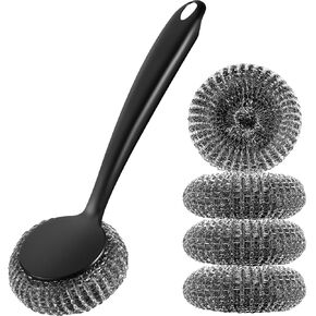 5 Pack Steel Wool Scrubber, Improved Stainless Steel Scrubber, Metal Scrubber with Long Handle, Steel Scrubber for Dishes, Cast Iron, Pots, Pans, Grills and Sinks, Black