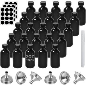 Black 2 oz Glass Boston Bottles with Black Poly Cone Cap, 60ML Round Glass Bottle for Essential Oil, Perfume and Liquid Boston Round Bottles - UV Rays Protection (12)