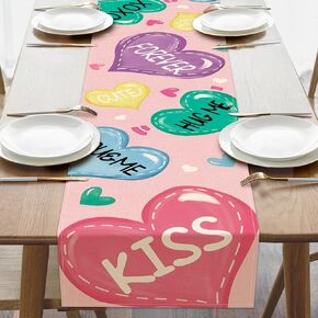 Valentines Day Colorful Love Hearts Table Runner, Forever Kiss Kitchen Dining Table Decoration, Anniversary School Classroom Burlap Indoor Outdoor Home Decor Party Supply 13 x 72 Inches