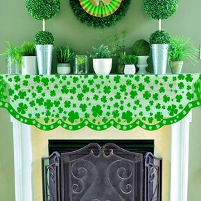 Green Shamrock Mantle Scarf for Fireplace - St Patricks Day Fireplace Cover Decorations Indoor - Lace Irish Mantel Scarves Garland Runner - Saint Patty's Day Home Living Room Centerpiece Decor