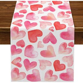 Nepnuser Valentine's Day Table Runner Wedding Anniversary Party Decoration Pink Watercolor Heart Seasonal Home Kitchen Dining Room Decor