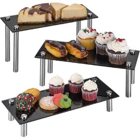 3 Tier Rectangle Tempered Glass Retail Display Stand 5 x 12 Incch for Cupcakes, Dessert, Bags, Perfume – Set of 3 Glass Display Raisers. (Black)