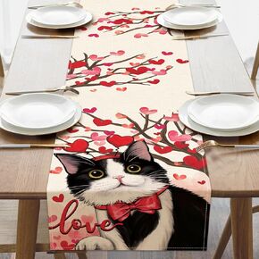 Valentines Day Tuxedo Cat Table Runner, Pink Red Love Hearts Tree Kitchen Dining Table Decoration Pet Lover Gift, Anniversary Wedding Burlap Indoor Outdoor Home Decor Party Supply 13 x 72 Inches