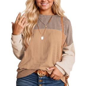 DOLNINE Plus-Size-Tops-for-Women Fall Long Sleeve Shirts Casual Color Block Crewneck Sweatshirts Oversized Ribbed Knit Tunic