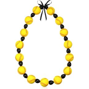 Softball Senior Night Gift Necklace Acrylic Sport Ball Beads Necklace with Ribbon Bow for Women Softball Team Player