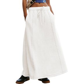 Meladyan Women’s Solid A Line Maxi Sweat Skirt Relaxed Fit Low Waist Athletic Skirt with Pockets