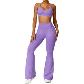 Workout set for women V Neck Adjustable Cami Straps Bra and High Waist Flared Leggings Running sets for women