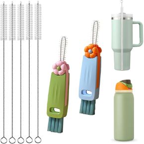 Straw Cleaner Brush Extra Long 13 inch Set for Stanley Owala Water Bottle 40 oz 32 oz 30 oz Tumble Cup Accessories Straw Brush with 3 in 1 Cup Lid Cleaning Brush (Green,Blue)
