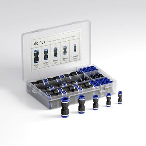 Union Straight Push-to-Connect Fittings Kit, OD 4, 6, 8, 10, 12mm, 12 Pcs per Size, Total 60 Pcs, for Pneumatic Air Tubing Systems