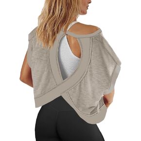 Womens Yoga Cover Up Workout Tops Open Back Gym Tee Oversized Short Sleeve T Shirts Casual Athletic Crop Tops