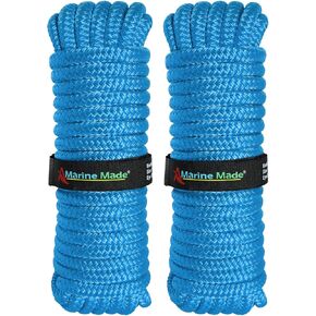 Amarine Made Pair of Double Braided Nylon Dock Lines 4800 lbs Breaking Strength (L:50 ft. D:1/2 inch Eyelet: 12 inch) Marine Mooring Rope Boat Dock Lines Working Load Limit:960 lbs (Blue)