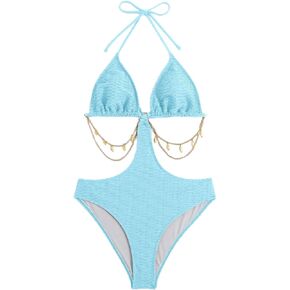 OYOANGLE Women's Chain Linked Cut Out Halter One Piece Swimsuit Tummy Control Bathing Suit Blue Large