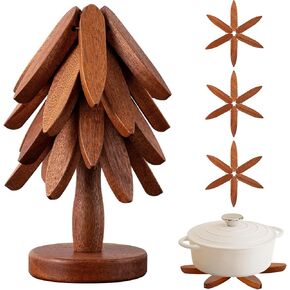 Wooden Trivets for Hot Dishes， Tree Shape Trivet Set，Hot Dish Coaster with Tree-Shaped Wood Collapsible Hot Pad Trivet Tree for Restaurant，4 Wooden Trivet + 1 Stand（Walnut Wood）