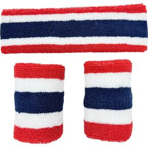 مجموعة عصابات الرأس وأساور المعصم، عصابات الرأس للرجال والنساء، عصابة رأس ماصة للرطوبة، عصابات رأس لكرة القدم للفتيات والأولاد، عصابة رأس رياضية للتمرين (أحمر، أبيض، أزرق، أبيض، أحمر) in Kuwait