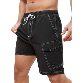 SILKWORLD Mens Swim Trunks with Compression Liner 9 Inch Bathing Suits Quick-Dry Swimmming Beach Shorts with Cargo Pockets