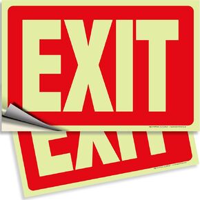 iSYFIX Exit Glow in the Dark Sign Stickers Red – 2 Pack 10x7 Inch – Photoluminescent Vinyl, Laminated for UV, Weather & Fade Resistance, Indoor & Outdoor for Business, School, Office, Warehouse