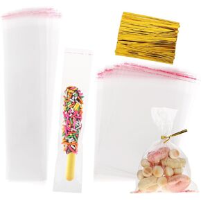200 PCS Clear Treat Bags with Ties Self Sealing Cookie Bags Plastic Pretzel Rod Bags with Ties Individual Cookie Bags Individual Clear Treat Bags for Treats Birthday Party Packaging (2 Size)