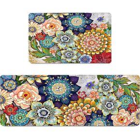 Boho Floral Kitchen Rugs Mats for Floor 2 Piece Memory Foam Padded Kitchen Mats Anti Fatigue Non Slip Cushioned Comfort Standing Mat, 17.3x28+17.3x47 Inch