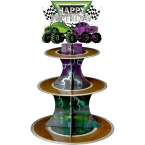 Haooryx Green and Purple Monster Truck Cupcake Stand ، 3 Tier Monster Truck Cupcake Tower Curting Caring Cupcake Holders Alluds For Kids Birth Birth
