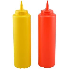 Ketchup and Mustard Plastic Squeeze Condiment Bottles W/ Lids For BBQ, Kitchen, Picnic - 2-Pack 16 Ounce