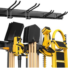 Piyl Garden Tool Organizer Wall Mount, 34 Inch Heavy Duty Metal Garage Wall Organizer with 4 Adjustable Hooks, 300lbs Yard Shed Storage Rack Holder Hanging Ladder Broom Mop Rack Shovel Folding Chair