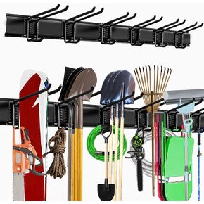 Garage Storage Rack Hooks, 48 Inch Heavy Duty Wall Mount Garage Organization with 3 Rails and 6 Adjustable Double Wall Hooks,Hanging Shelves for Garden Tool/Broom/Mop(Black)