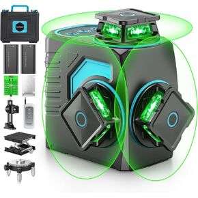 12 Line Laser Level Self Leveling ACTBOT Green 3D Laser 3x360° Swivel Level Line Tool 165ft Pulse Mode Cross Tilt Horizontal Vertical Line 100ft Remote Controller Switchable 4000mAh All-Inclusive Kit