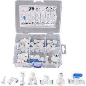 1/4 Inch OD Quick Connect Push In to Connect Water Tube Fitting Water Tube Fitting Set for RO Water Reverse Osmosis System (25 Pcs, Ball Valve + T + L + I + Y + Faucet Connection + End Caps)