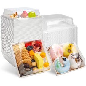 Small Charcuterie Boxes with Clear Lids Square Dessert Boxes To Go Disposable Food Containers for Cookie Sandwich Cake Slice 5.3x4.9x2.5INCH（White, 60 Pack）