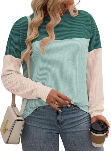 DOLNINE قمصان علوية بمقاسات كبيرة للنساء خريف كم طويل قمصان غير رسمية كتلة الألوان Crewneck بلوزات كبيرة الحجم مضلع متماسكة تونك in Saudi Arabia