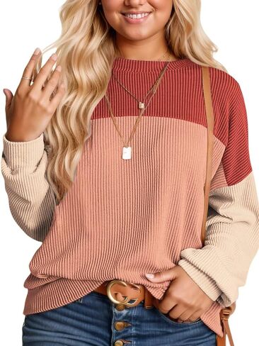 DOLNINE Plus-Size-Tops-for-Women Fall Casual Long Sleeve Shirts Oversized Color Block Crewneck Sweatshirts Ribbed Knit Tunic in Saudi Arabia