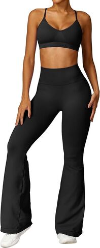 Workout set for women V Neck Adjustable Cami Straps Bra and High Waist Flared Leggings Running sets for women in Saudi Arabia