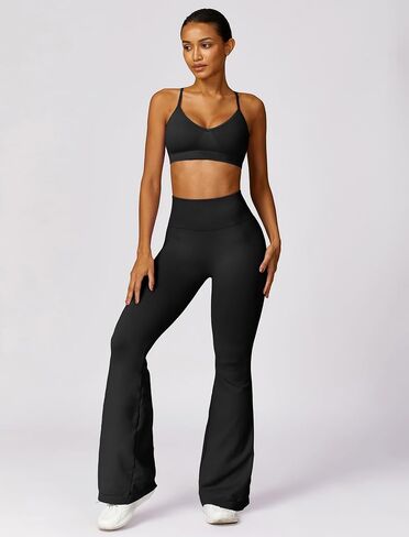 Workout set for women V Neck Adjustable Cami Straps Bra and High Waist Flared Leggings Running sets for women in Saudi Arabia