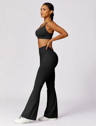 Workout set for women V Neck Adjustable Cami Straps Bra and High Waist Flared Leggings Running sets for women in Saudi Arabia