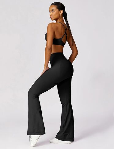 Workout set for women V Neck Adjustable Cami Straps Bra and High Waist Flared Leggings Running sets for women in Saudi Arabia